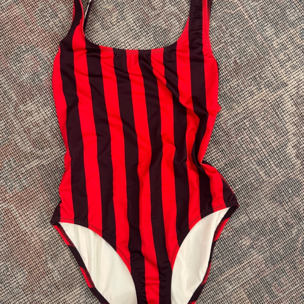 SOLID & STRIPED Red and Navy Vertical Stripe Kids One-Piece Swimsuit